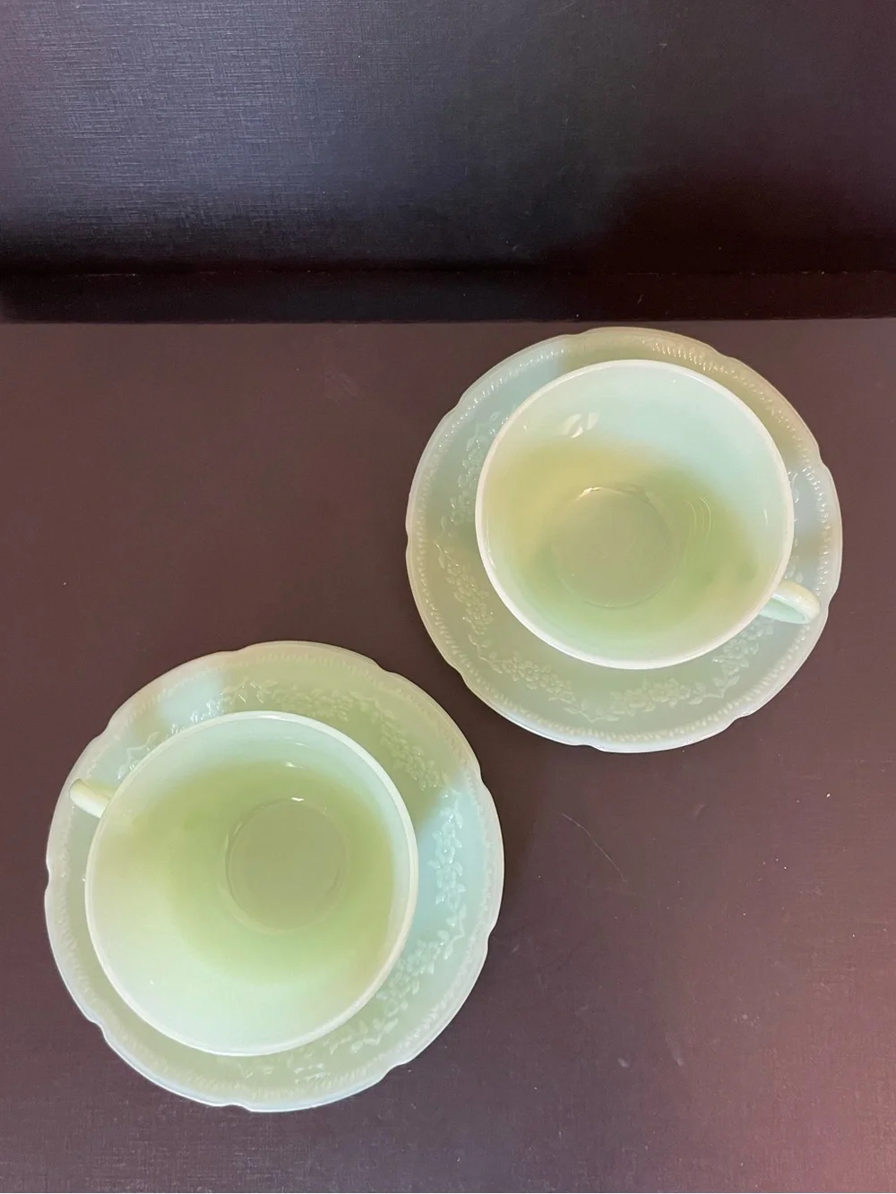 Vintage Jadeite Cups & Saucers Alice Pattern Set of 2 Anchor Hocking Fire King